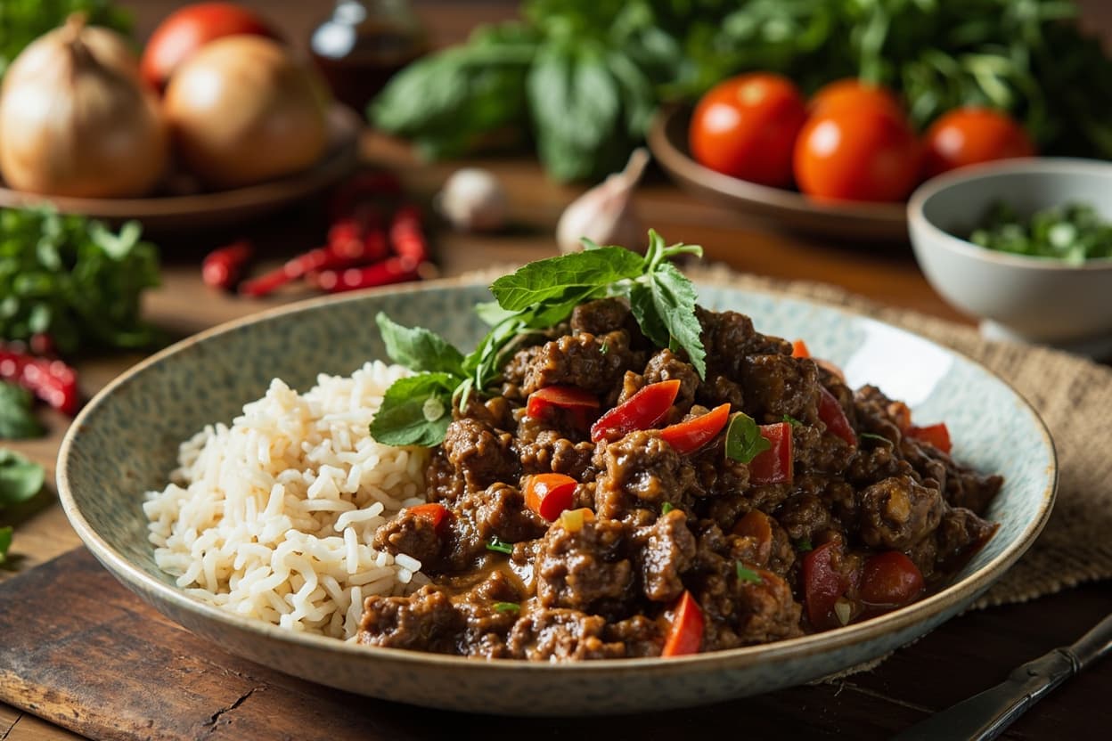 Spicy Basil Ground Beef over Rice