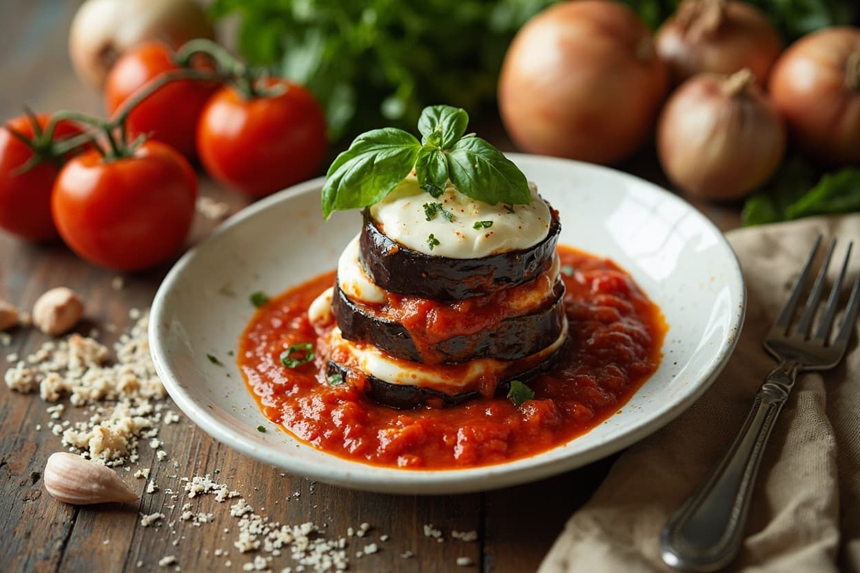 Stacked Eggplant in Tomato Sauce with Bubbling Mozzarella