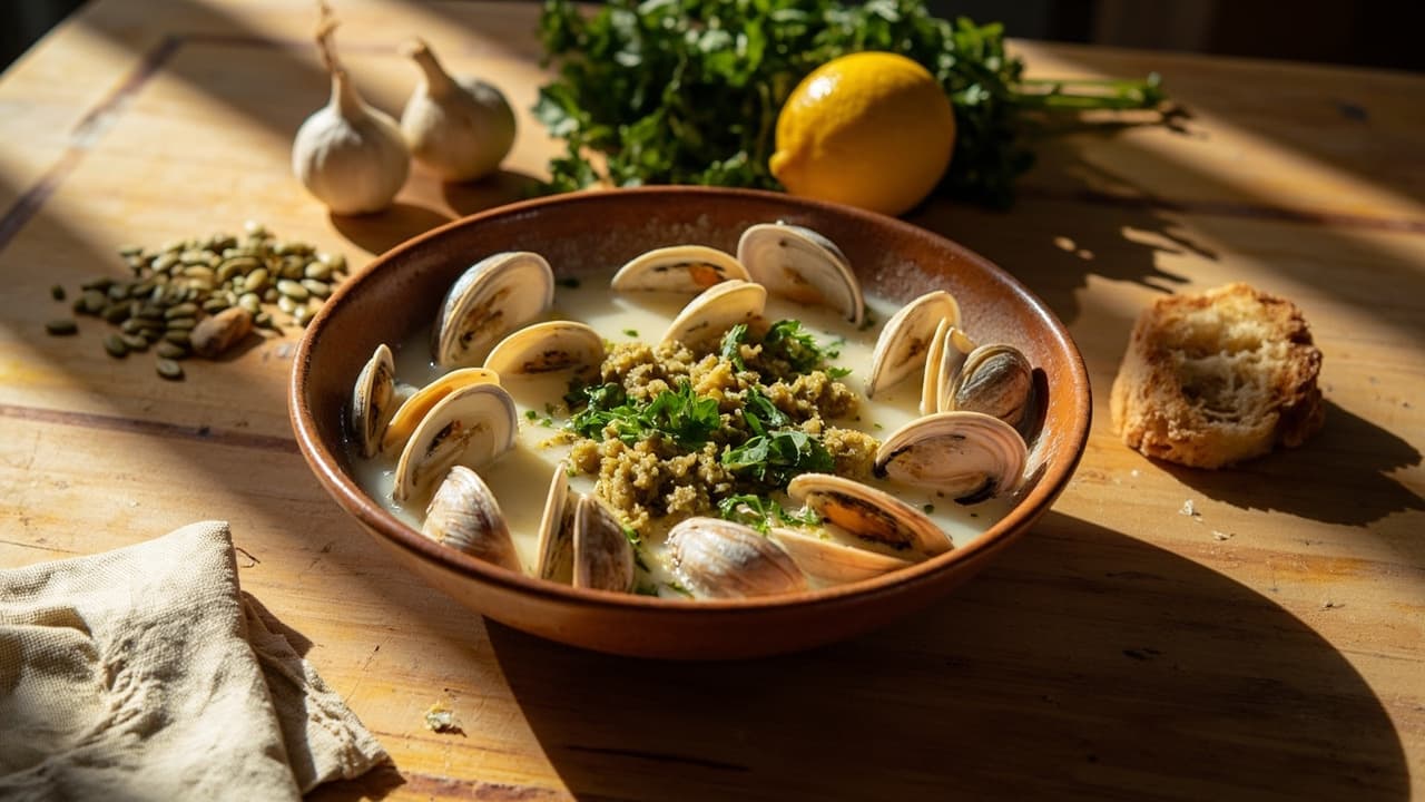 Steamed Clams with Dry Vermouth and Pumpkin Seed Picada