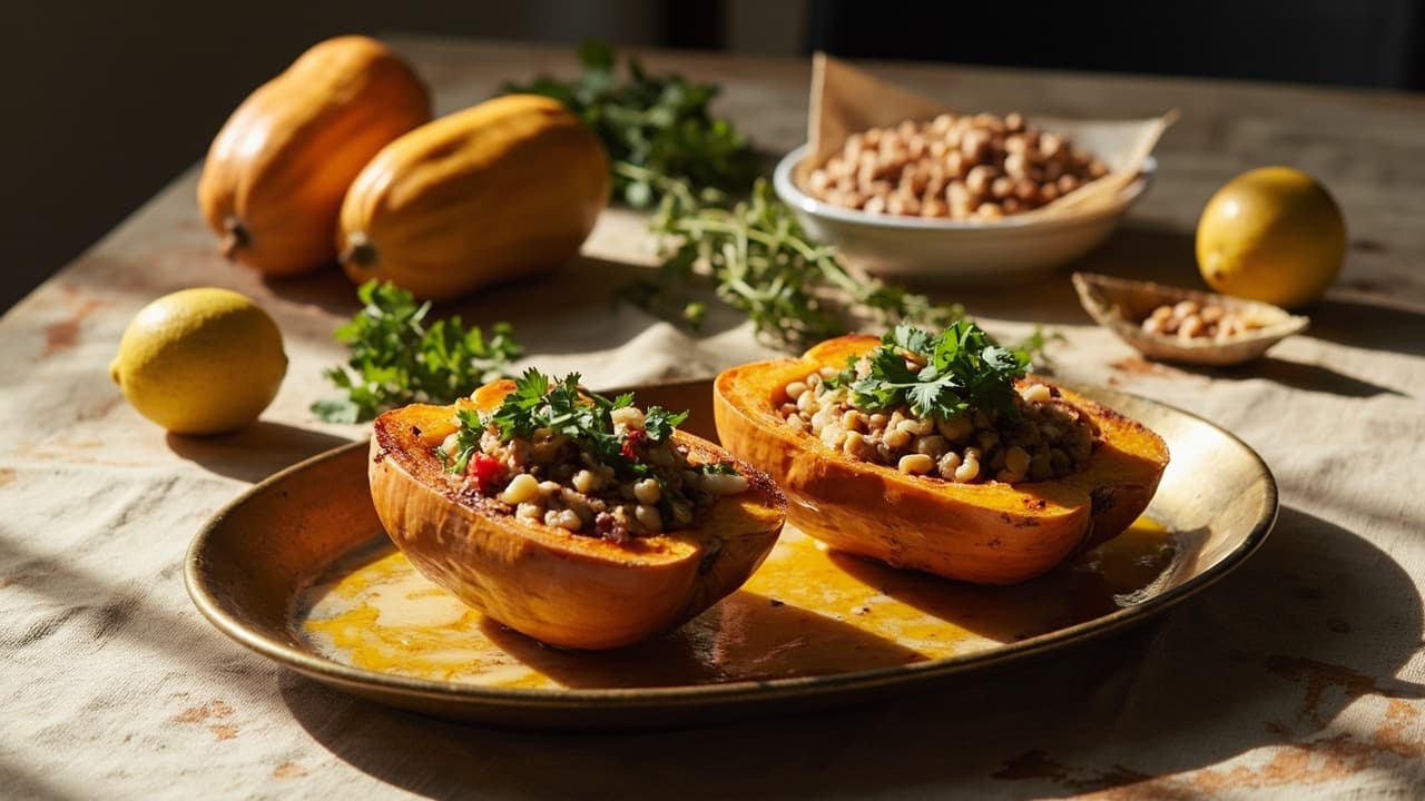 Stuffed Roasted Butternut Squash with Spiced Pinto Filling