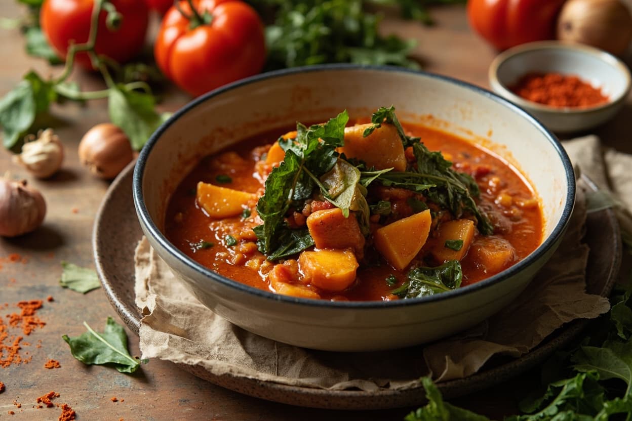 Sweet Potato Pepper Pottage with Greens