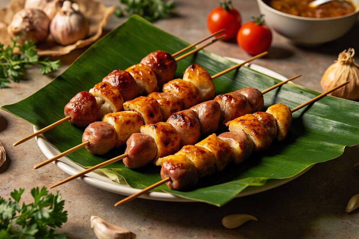 Sweet Soy Banana and Sausage Skewers