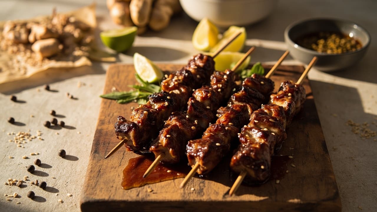 Sweet Soy Pork Belly Bite Skewers with Sesame