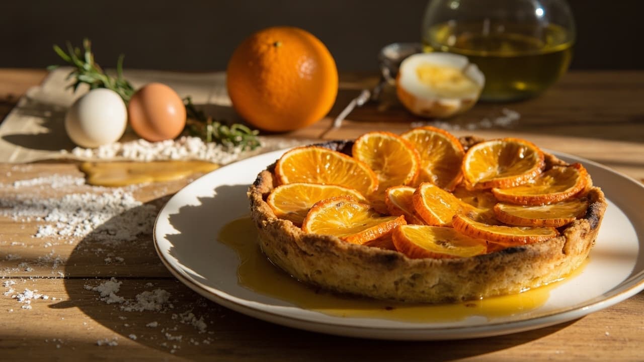 Tarta de Aceite y Miel con Naranja Asada