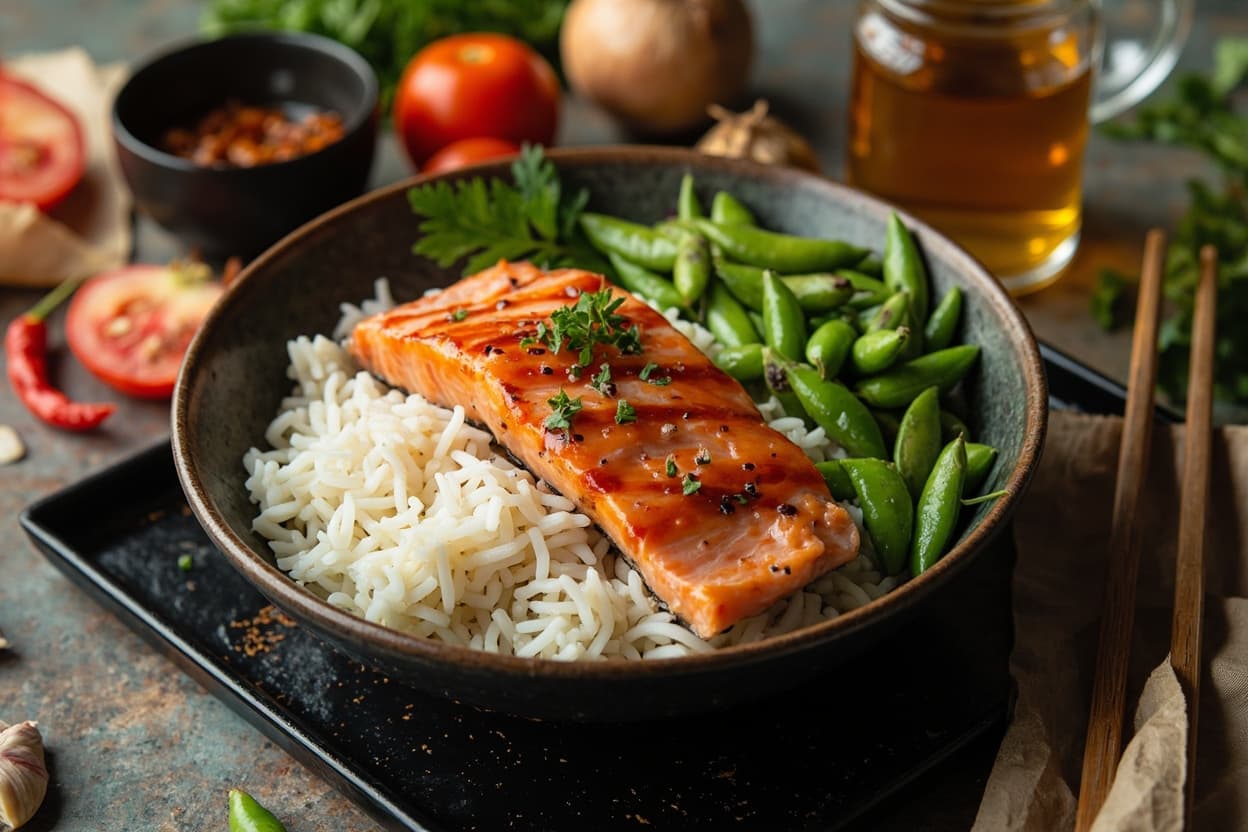 Teriyaki Salmon Rice Bowl with Edamame