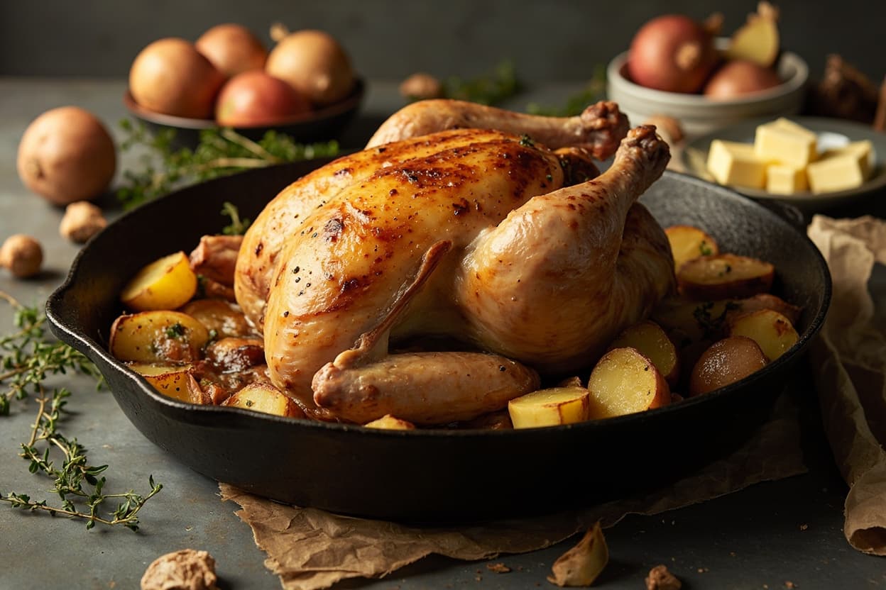 Thyme Roast Chicken over Potatoes