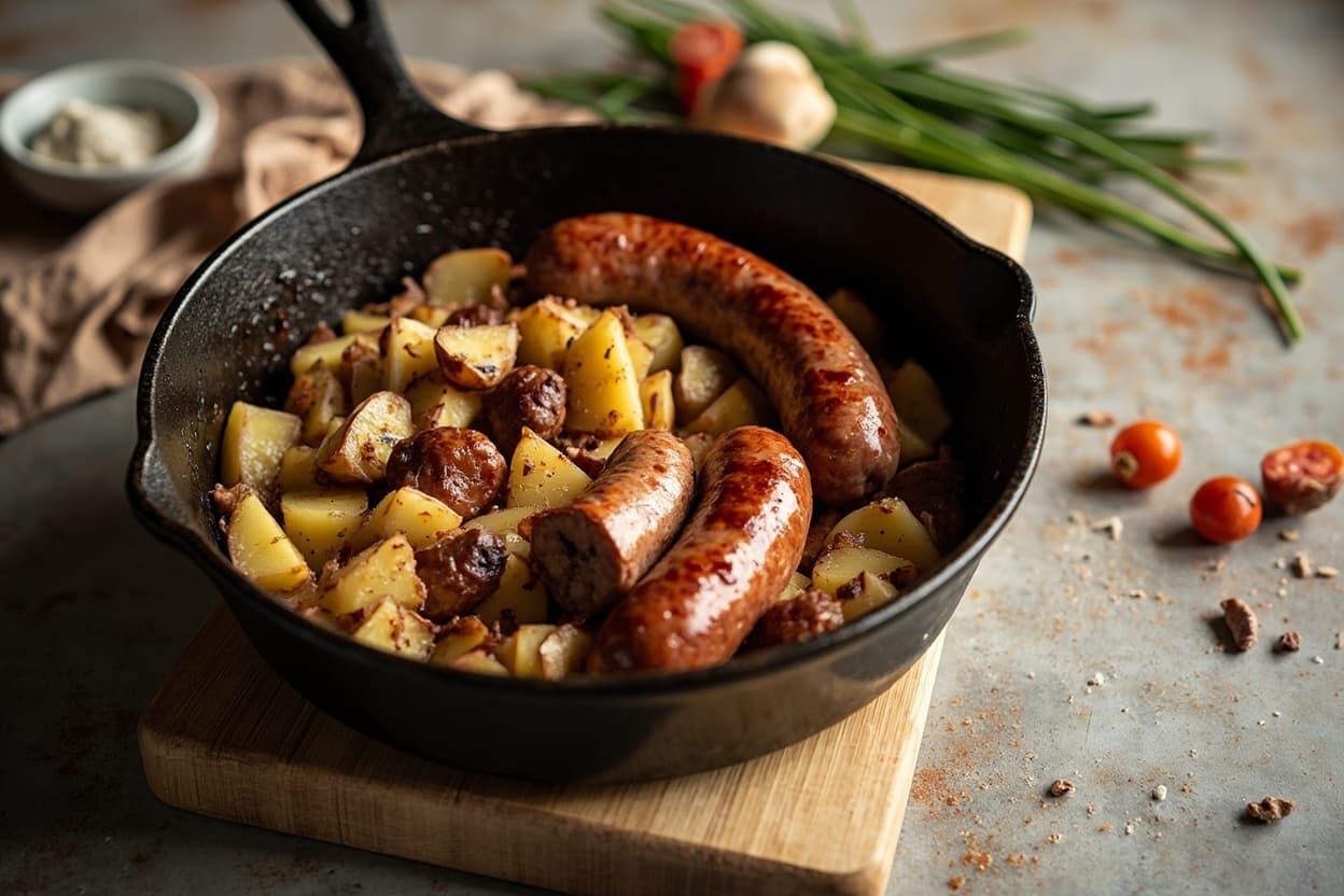 Toulouse Sausage with Crushed Garlic Potatoes