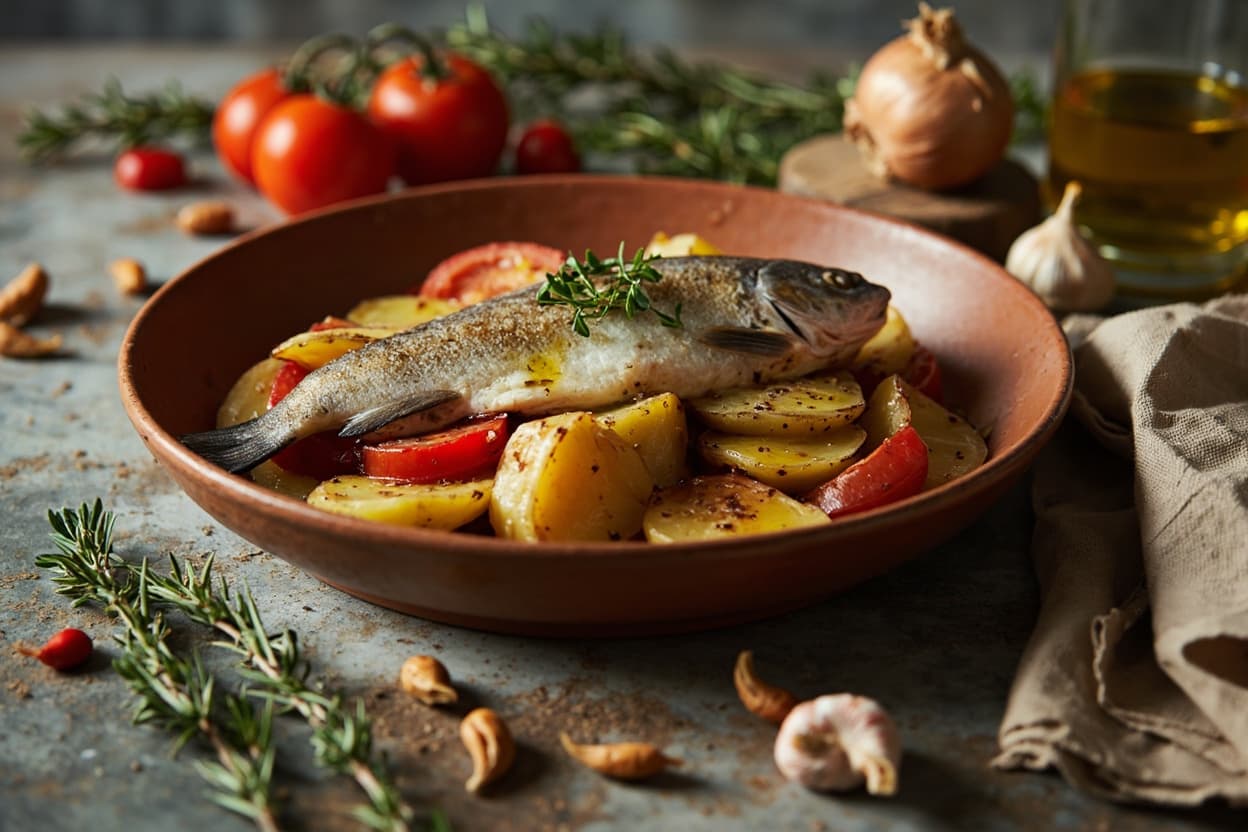 Trout Baked over Potato, Tomato and Thyme
