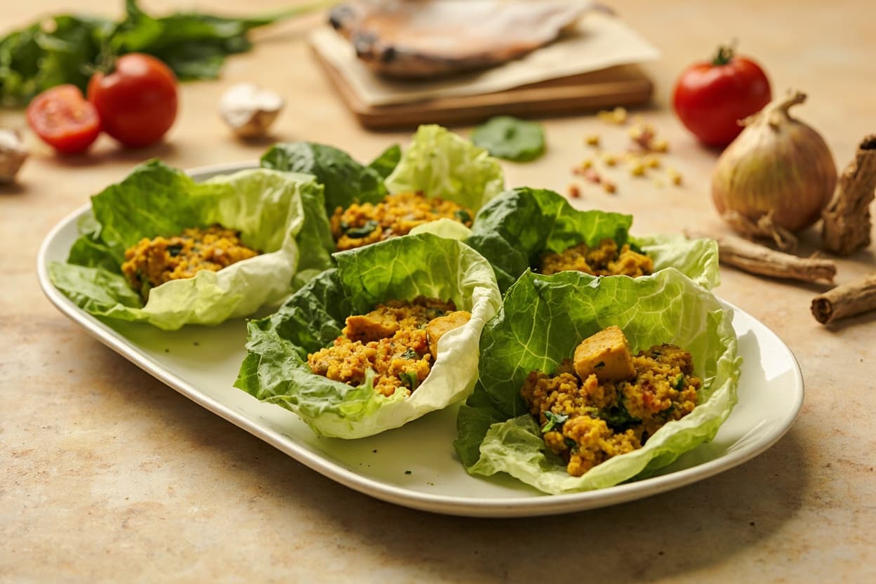 Turmeric Tofu Spinach Scramble Lettuce Cups