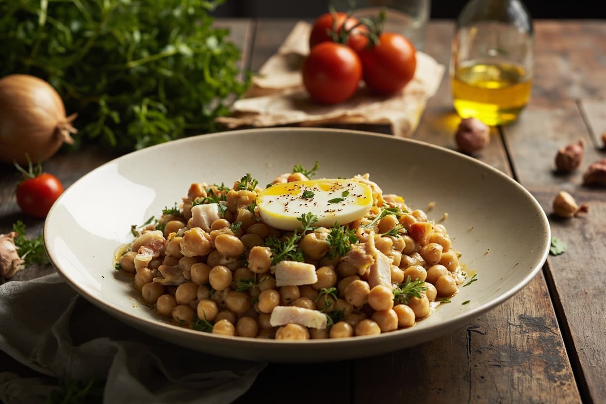 Warm Chickpea Salad with Cod and Egg