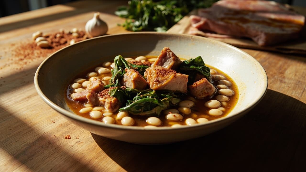 White Beans and Pork Belly Slow-Stewed with Chard