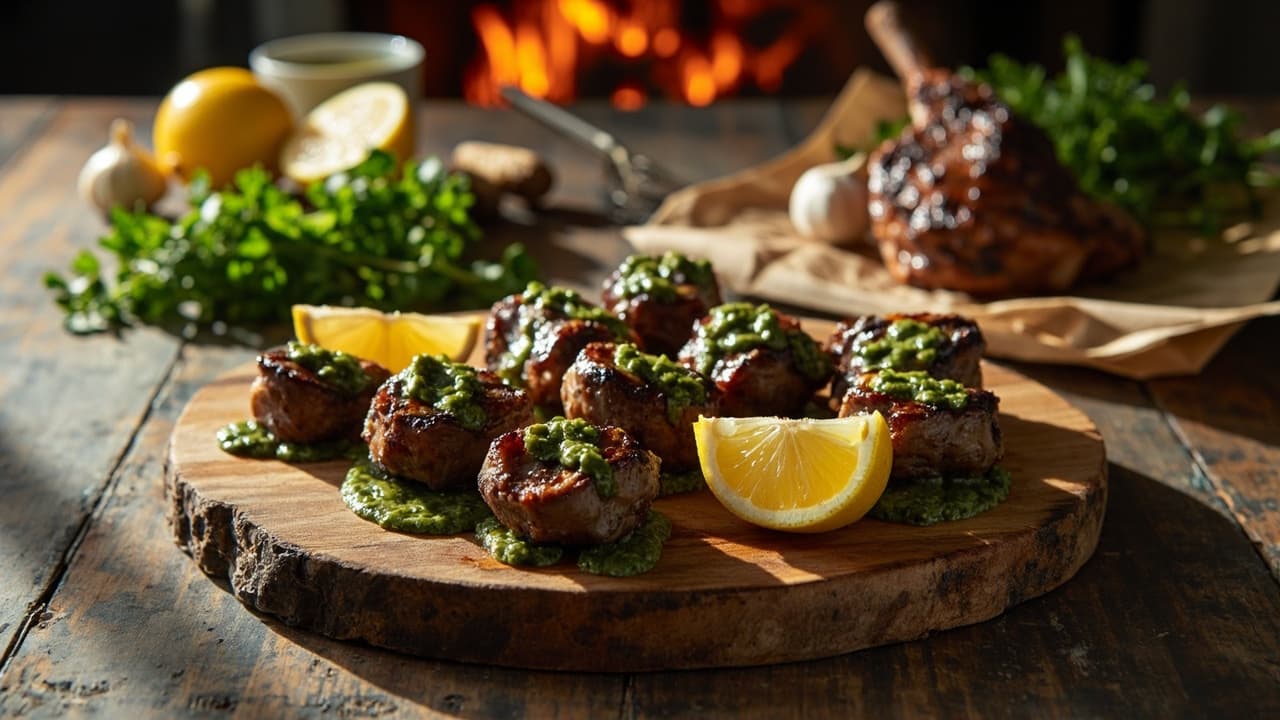 Wood-Fired Lamb Chop Bites with Mint Chimichurri and Lemon