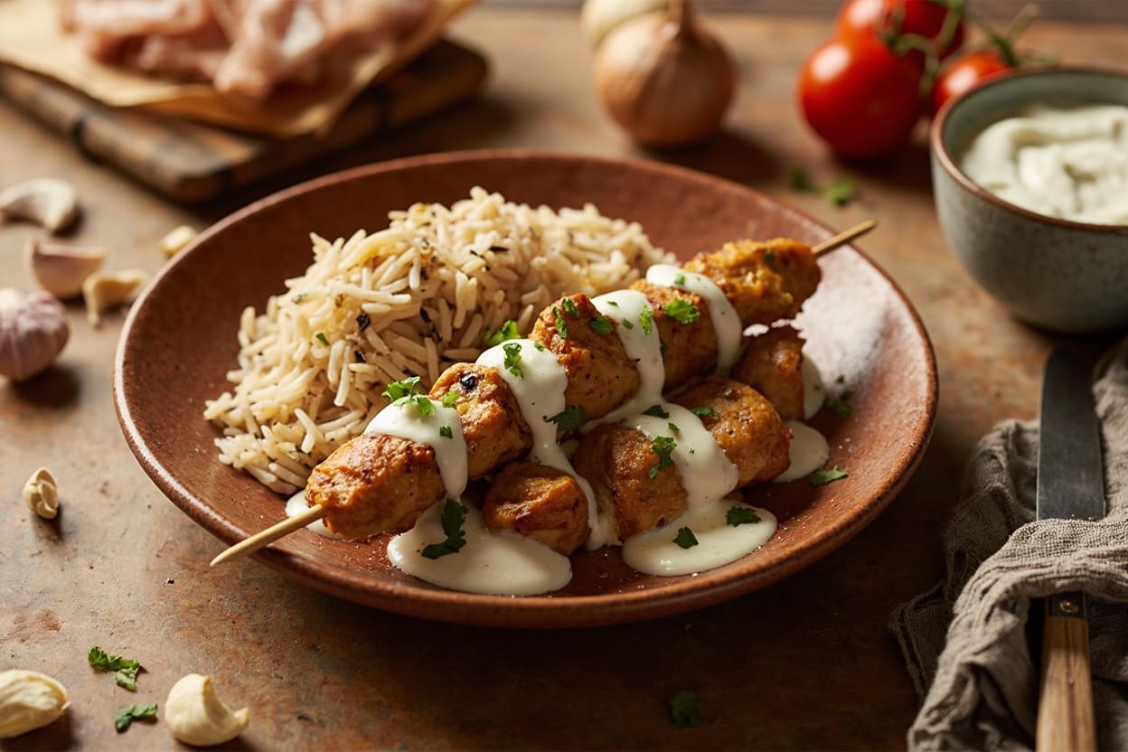 Yogurt-Marinated Chicken Skewers, Cumin Basmati