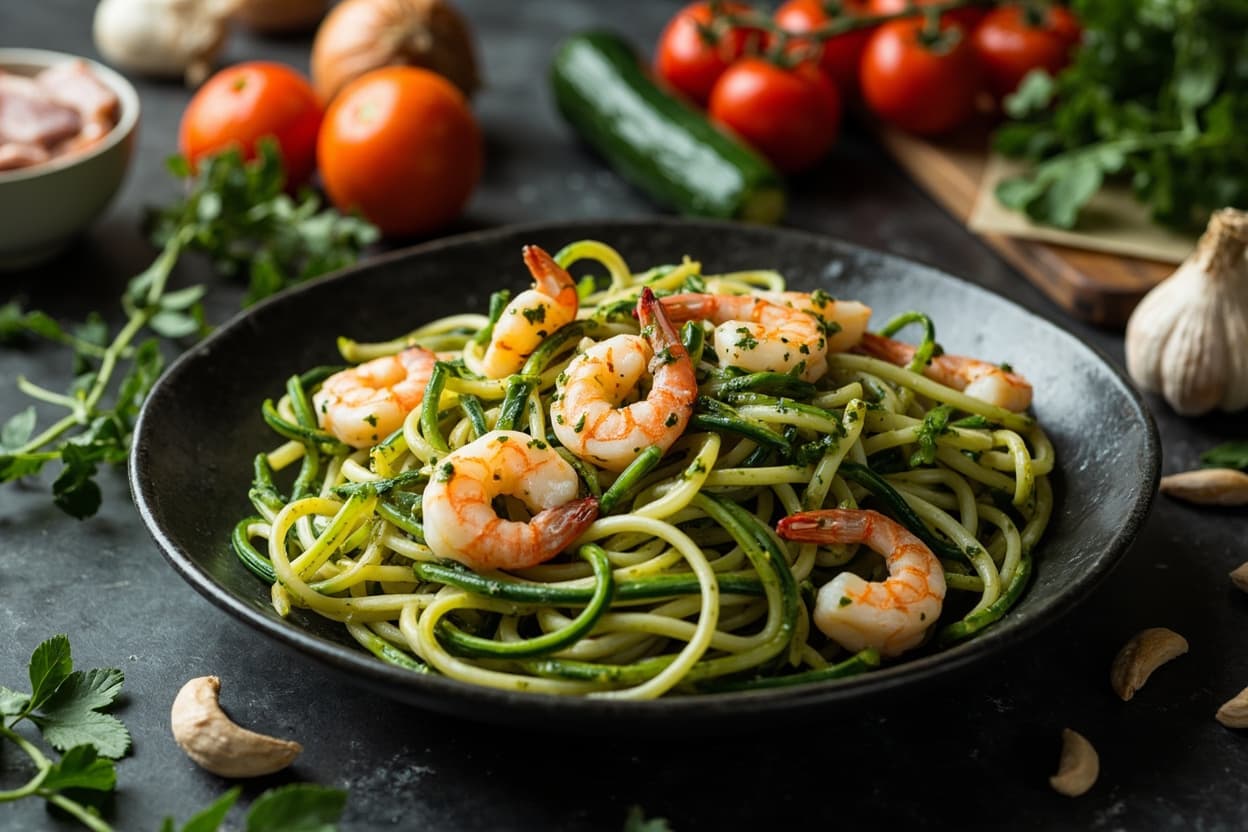 Zucchini Noodles with Pesto and Shrimp