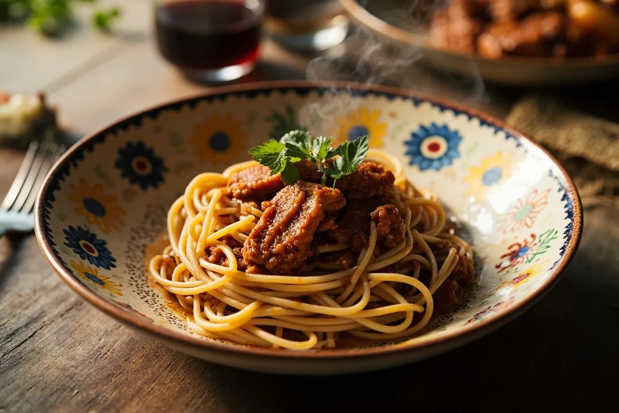 Pasta alla chitarra al ragù di agnello — square-cut egg pasta pressed on the chitarra wire frame, dressed with a slow-cooked lamb ragù.