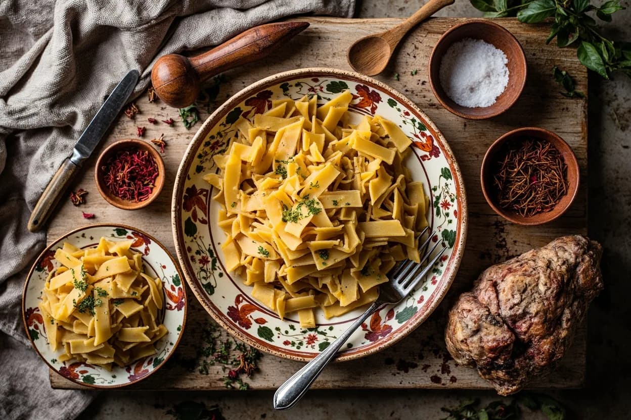 Mise en place for Abruzzese cooking: pasta alla chitarra, Navelli saffron, dried peperoncino, and lamb — laid out on a hand-painted ceramic platter.