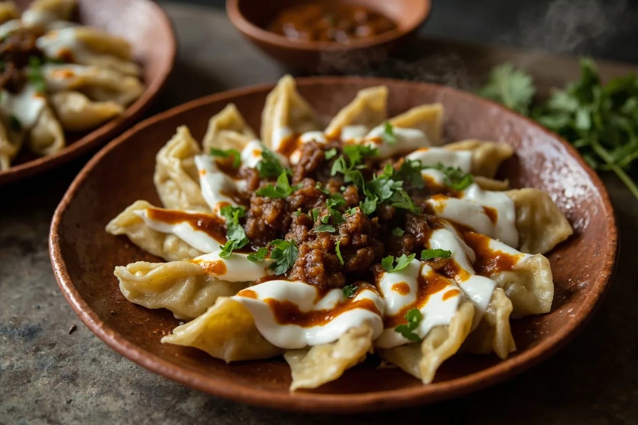 ashak (leek dumplings with yogurt and meat sauce) — a signature plate from Afghan cuisine, prepared in the regional style.