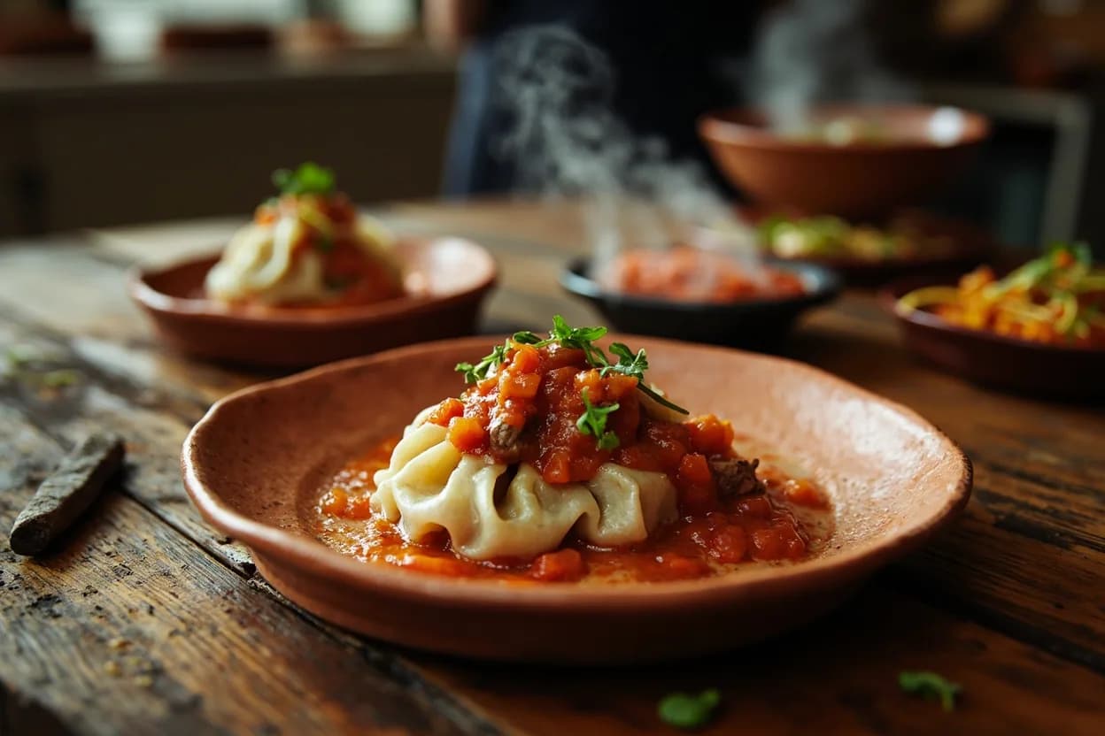 mantu (steamed dumplings with lamb filling, topped with qurut and tomato sauce) — a signature plate from Afghan cuisine, prepared in the regional style.
