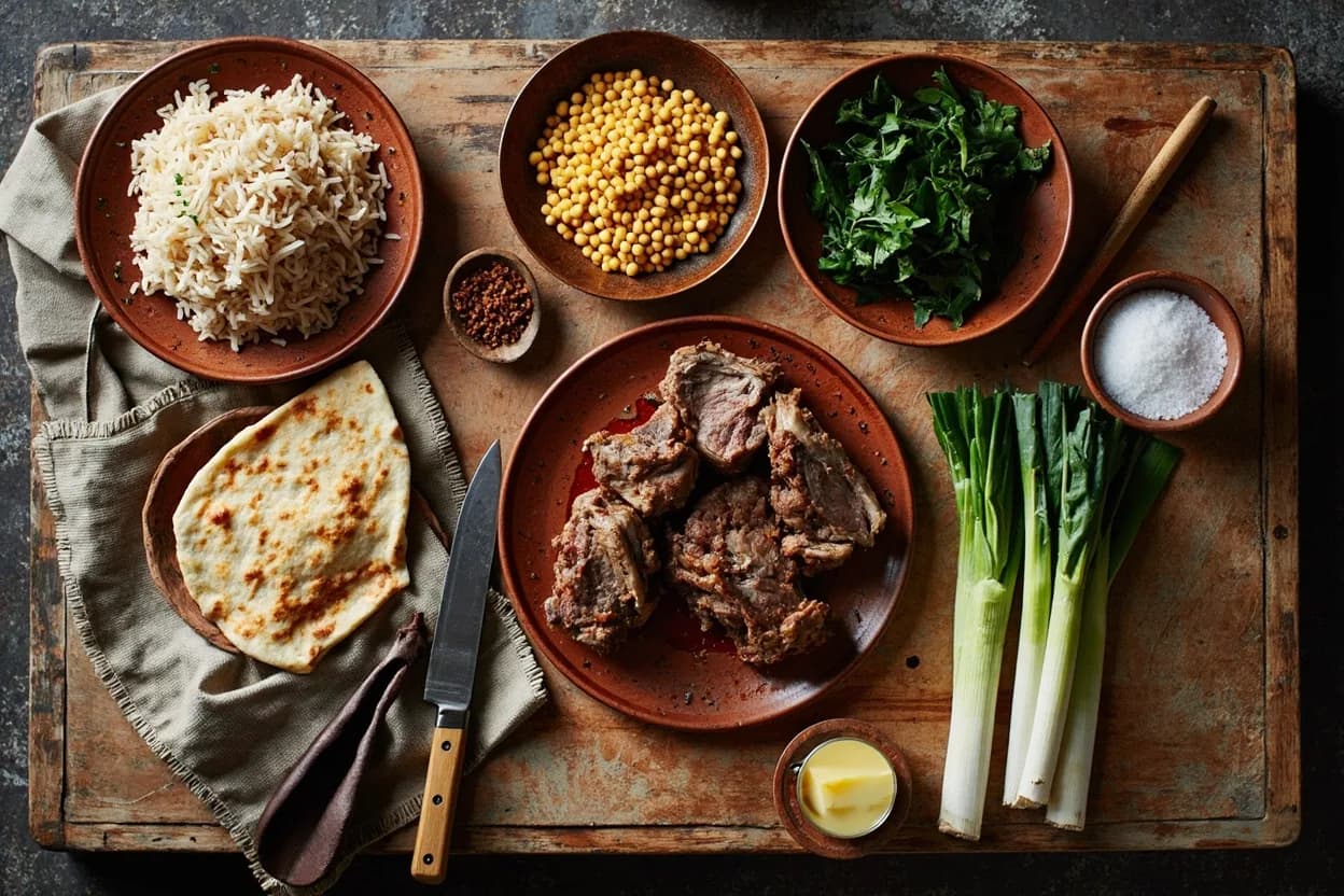 Mise en place for Afghan: the staple ingredients and key tools of the tradition laid out on the cook's board.