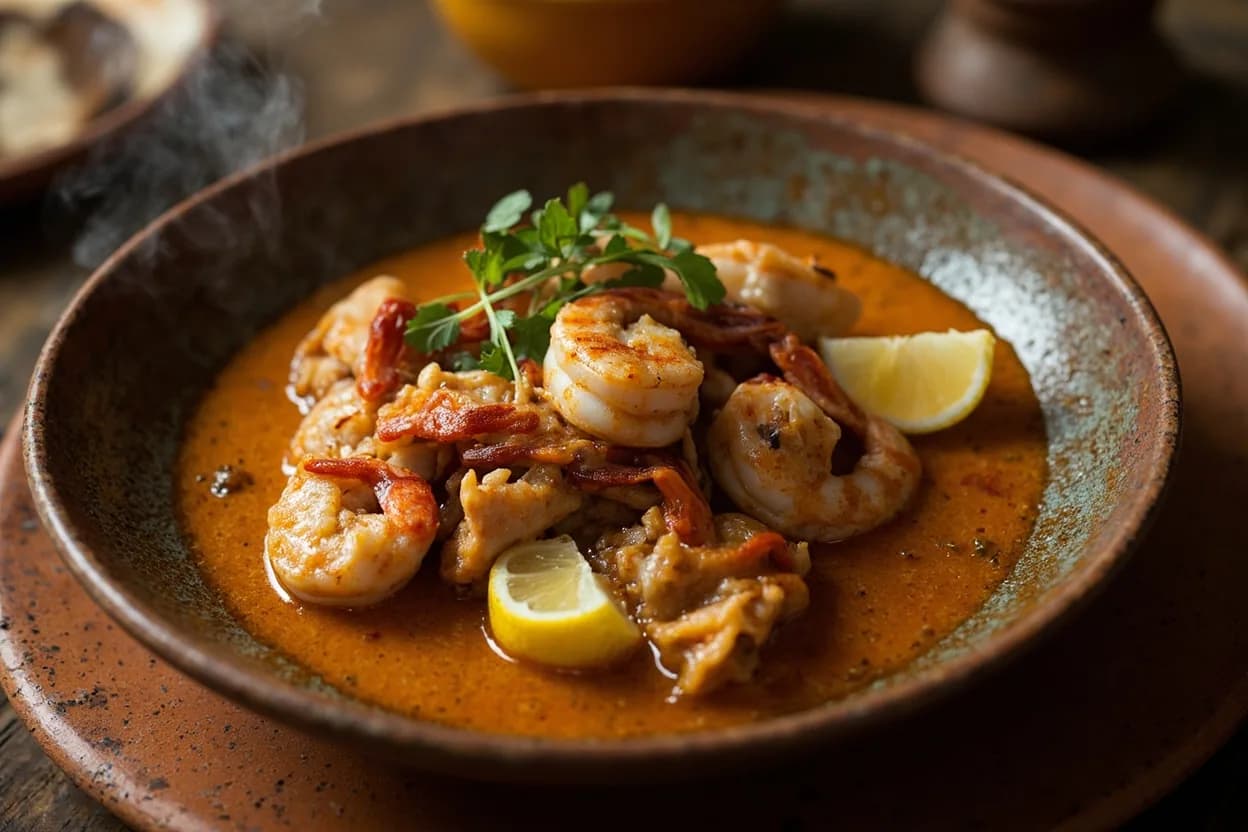 moqueca baiana (fish and shrimp stew with coconut milk and dendê) — a signature plate from Afro-Brazilian (Bahian) cuisine, prepared in the regional style.
