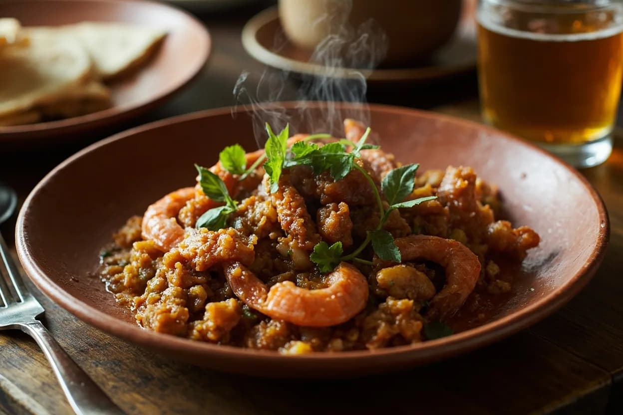 vatapá (bread-peanut-dried shrimp paste in dendê) — a signature plate from Afro-Brazilian (Bahian) cuisine, prepared in the regional style.