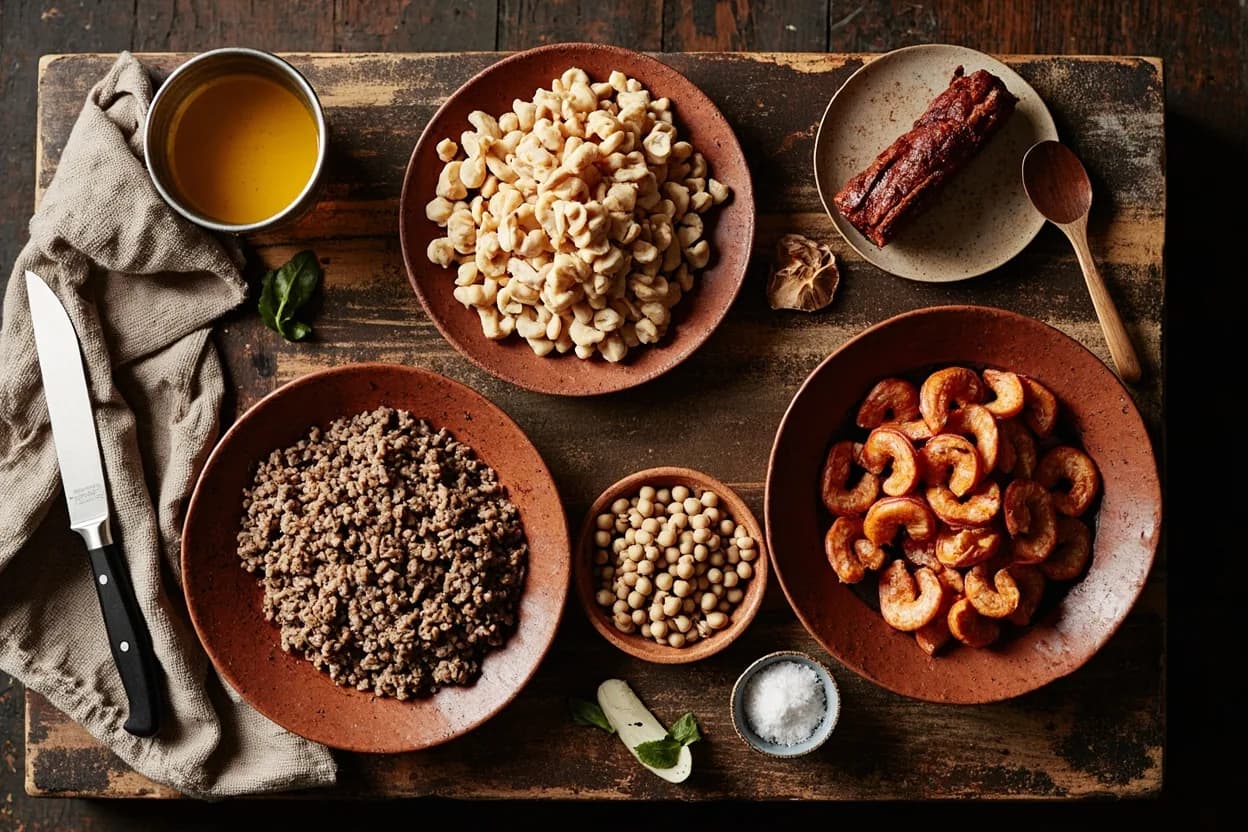 Mise en place for Afro-Brazilian (Bahian): the staple ingredients and key tools of the tradition laid out on the cook's board.