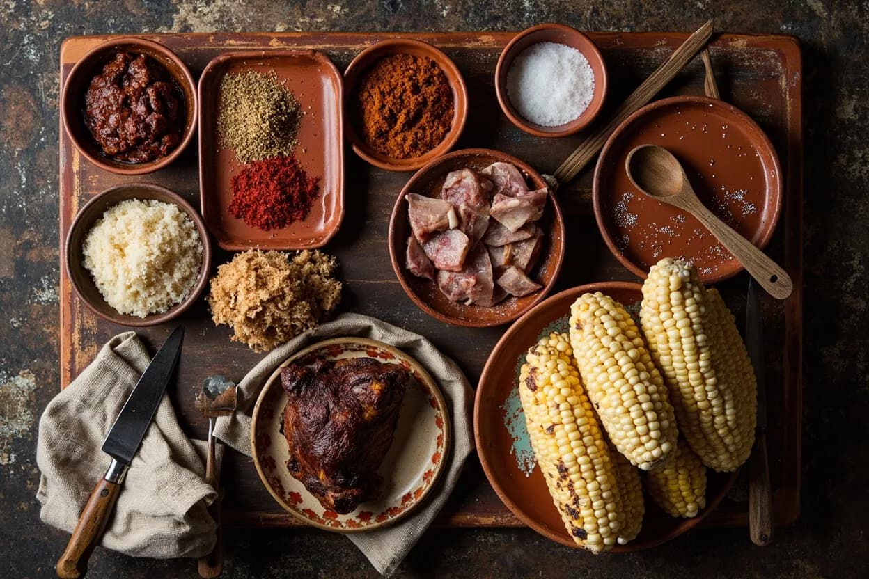 Mise en place for Afro-Peruana: the staple ingredients and key tools of the tradition laid out on the cook's board.