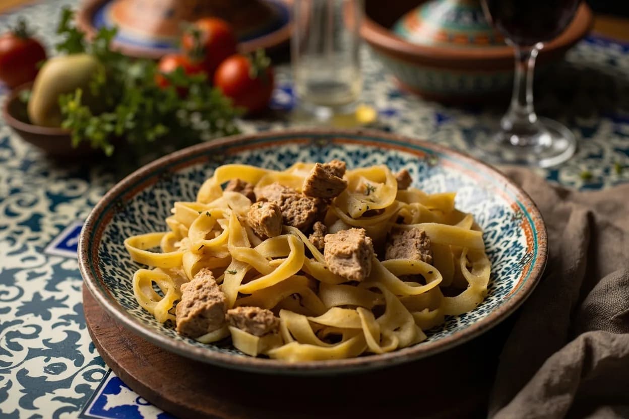 rechta (hand-rolled noodles with chicken and turnips) — a signature plate from Algerian cuisine, prepared in the regional style.
