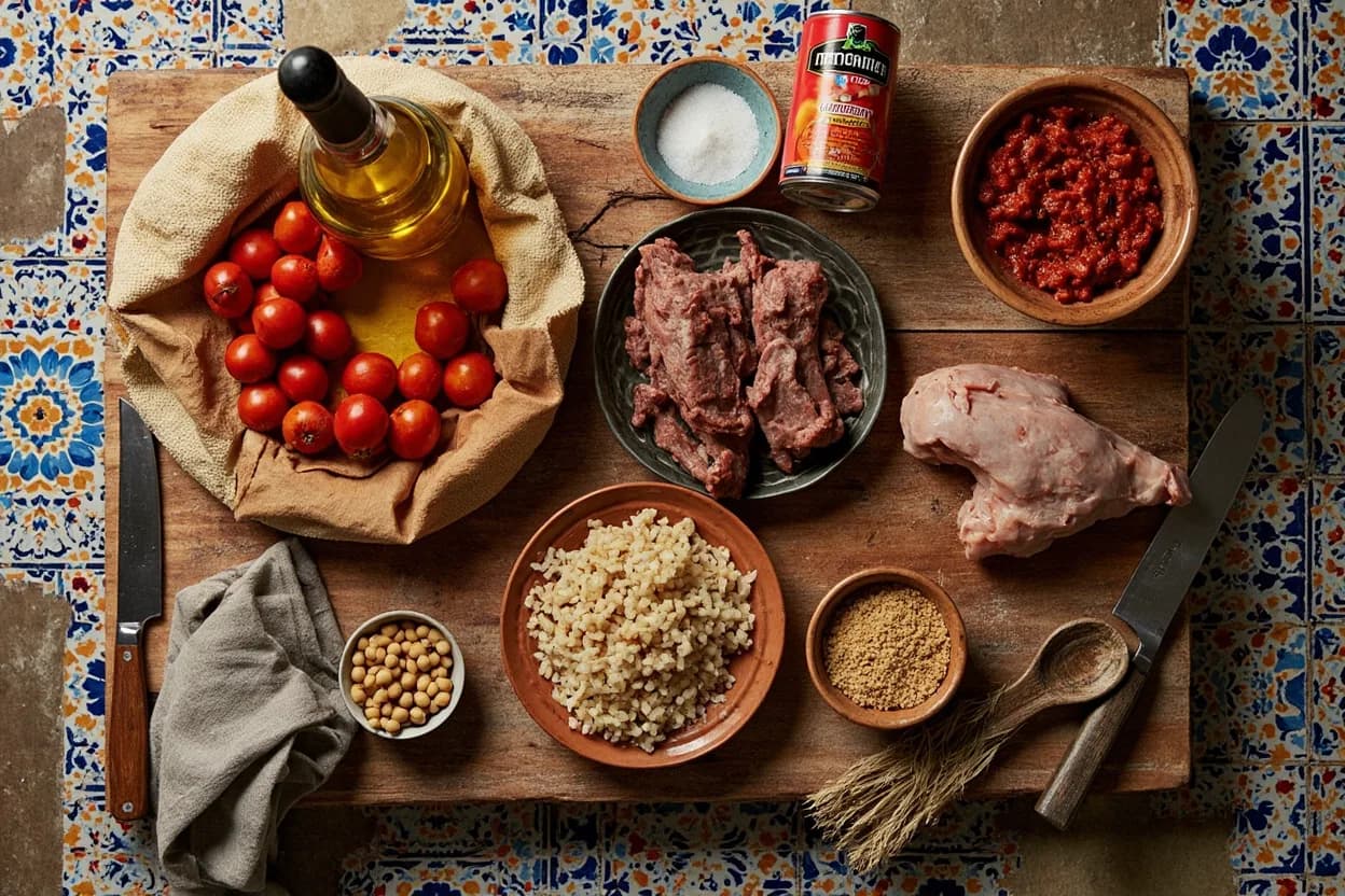 Mise en place for Algerian: the staple ingredients and key tools of the tradition laid out on the cook's board.