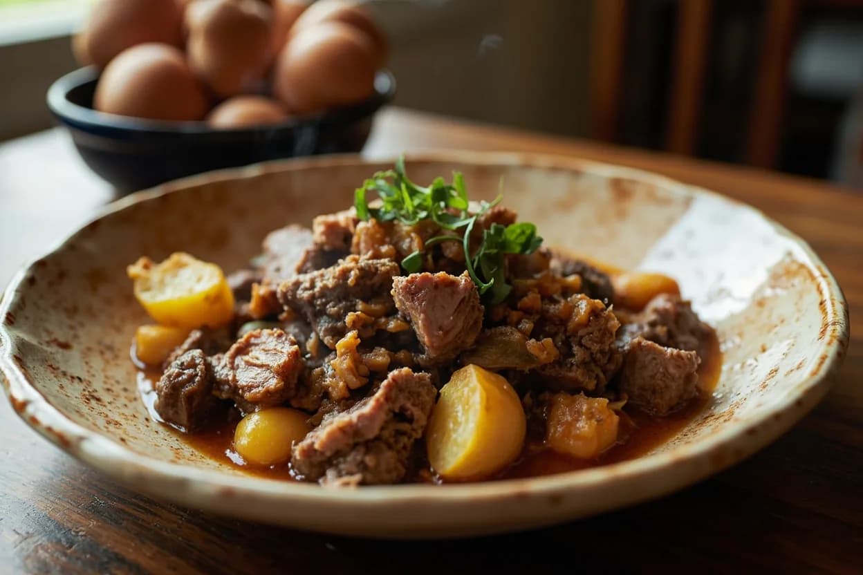 Baeckeoffe (sealed clay-pot braise of pork, lamb, beef, potatoes) — a signature plate from Alsatian cuisine, prepared in the regional style.