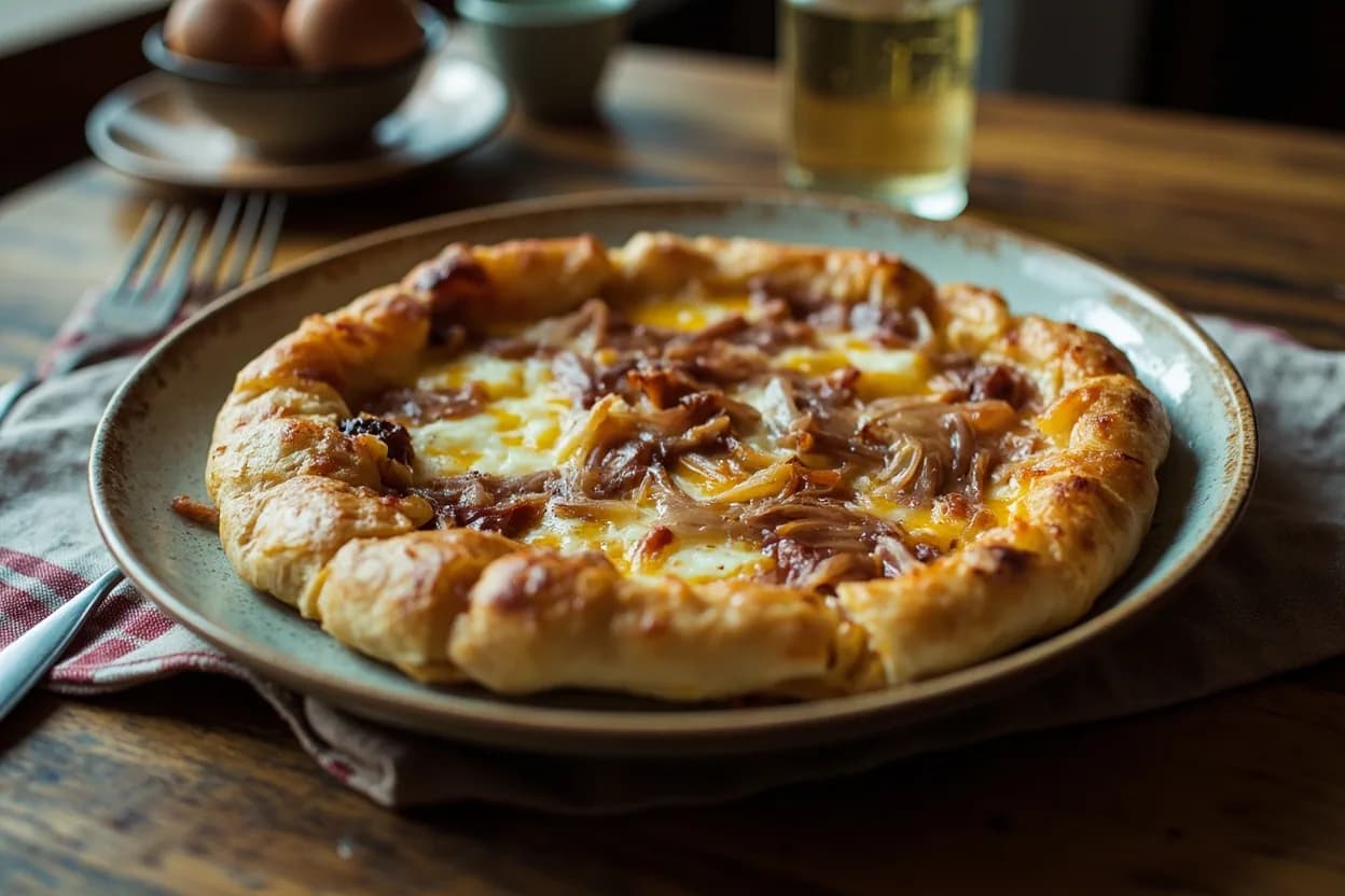 Flammekueche / Tarte Flambée (thin crust, crème fraîche, lardons, onion) — a signature plate from Alsatian cuisine, prepared in the regional style.