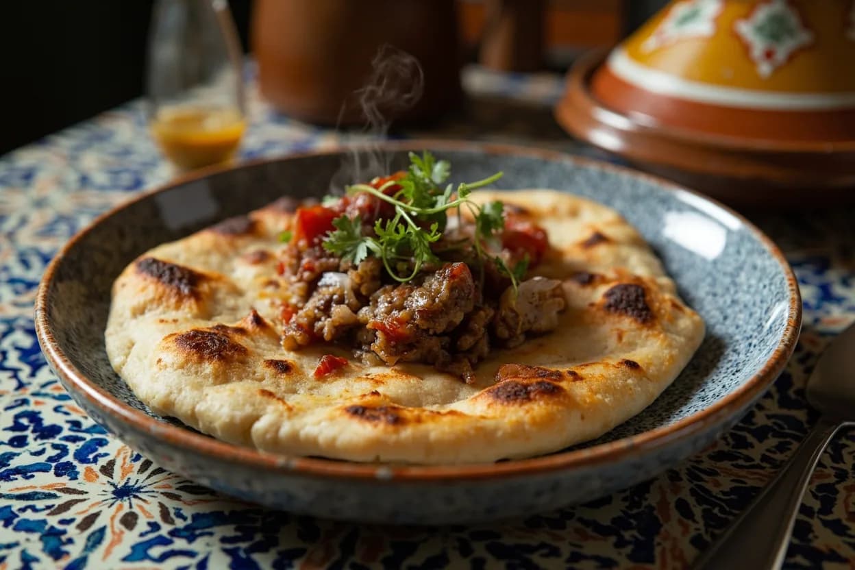 tafarnout (thick sourdough flatbread from stone oven) — a signature plate from Amazigh (Berber) cuisine, prepared in the regional style.