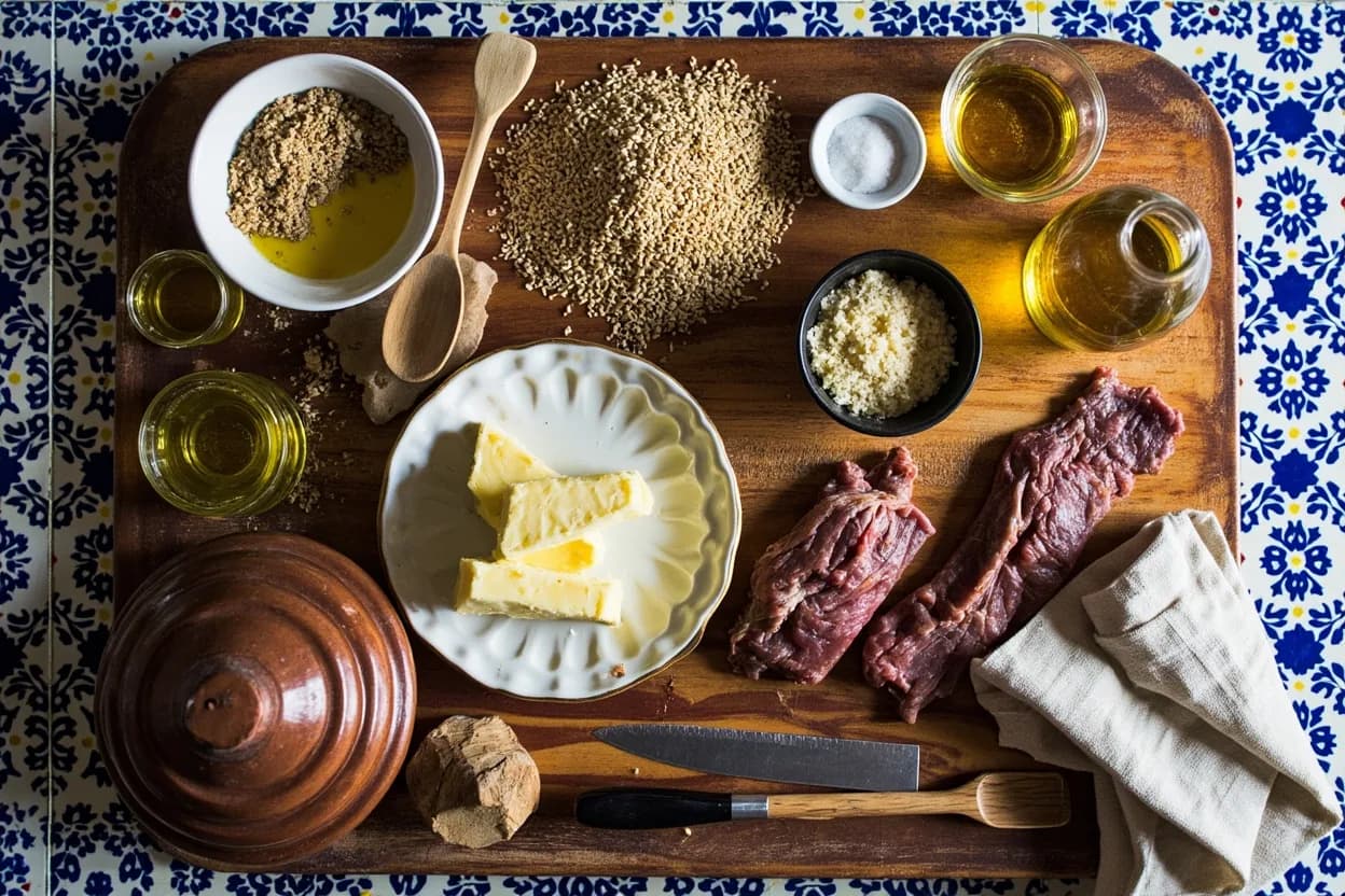 Mise en place for Amazigh (Berber): the staple ingredients and key tools of the tradition laid out on the cook's board.
