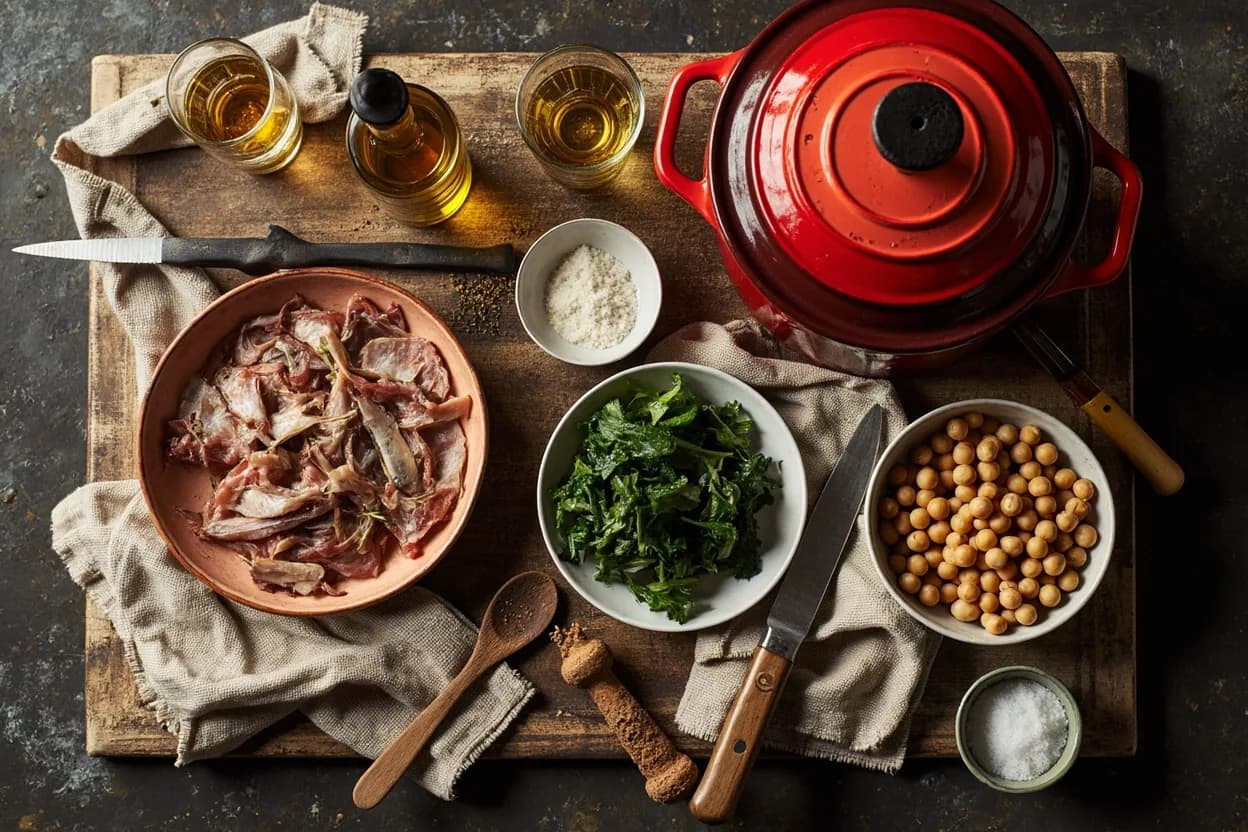 Mise en place for Andalusian: the staple ingredients and key tools of the tradition laid out on the cook's board.