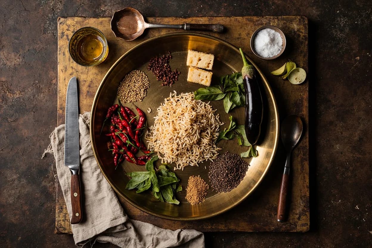 Mise en place for Andhra Pradesh: the staple ingredients and key tools of the tradition laid out on the cook's board.