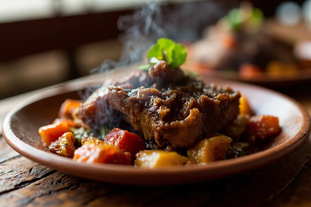 adobo arequipeño (pork marinated overnight in chicha de jora, ají panca, and vinegar, then slow-braised; the canonical Sunday morning dish) — a signature plate from Arequipeña cuisine, prepared in the regional style.