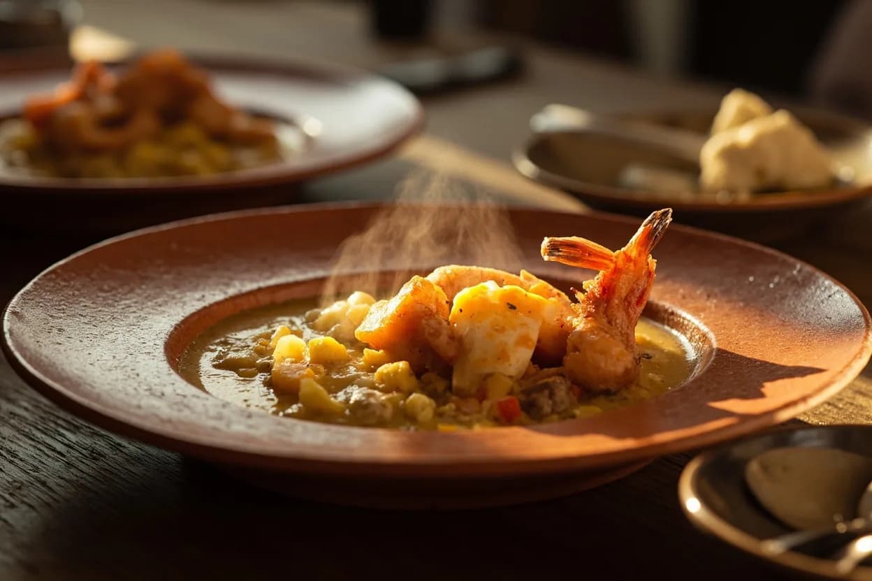 chupe de camarones (Chili River freshwater shrimp bisque with potato, corn, egg, and cheese) — a signature plate from Arequipeña cuisine, prepared in the regional style.