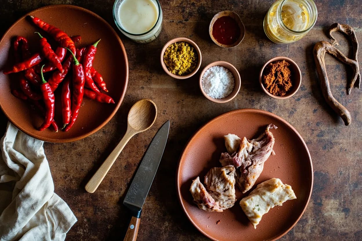 Mise en place for Arequipeña: the staple ingredients and key tools of the tradition laid out on the cook's board.