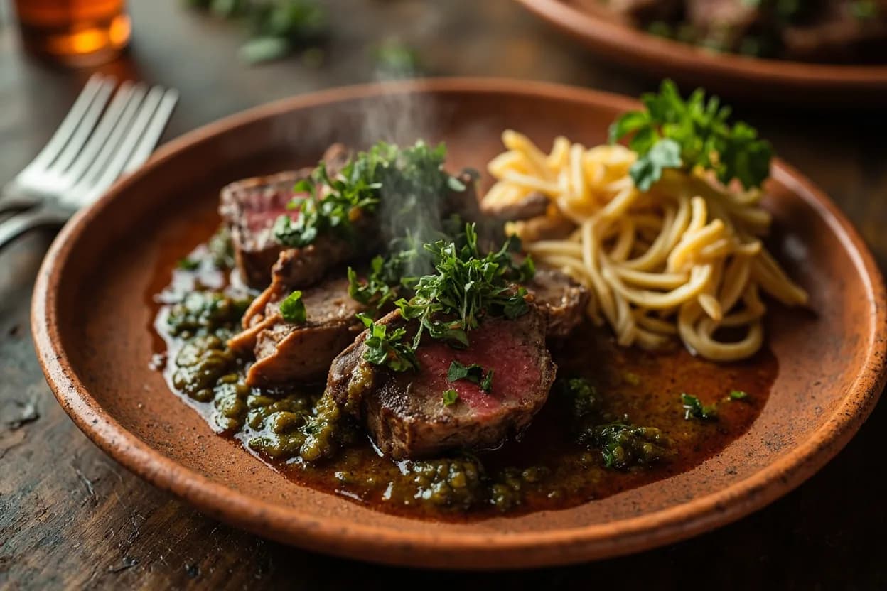 entraña con chimichurri (skirt steak with herb sauce) — a signature plate from Argentine Asado cuisine, prepared in the regional style.