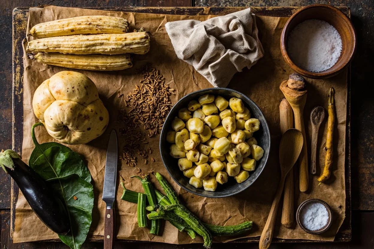 Mise en place for Asante (Akan Ghanaian): the staple ingredients and key tools of the tradition laid out on the cook's board.