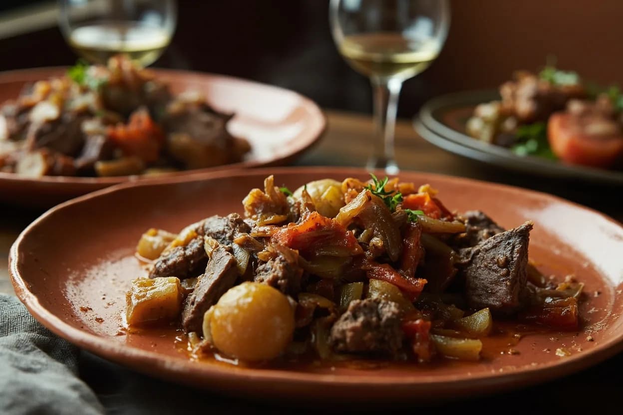 brisket (braised with onion and tomato) — a signature plate from Ashkenazi Jewish cuisine, prepared in the regional style.
