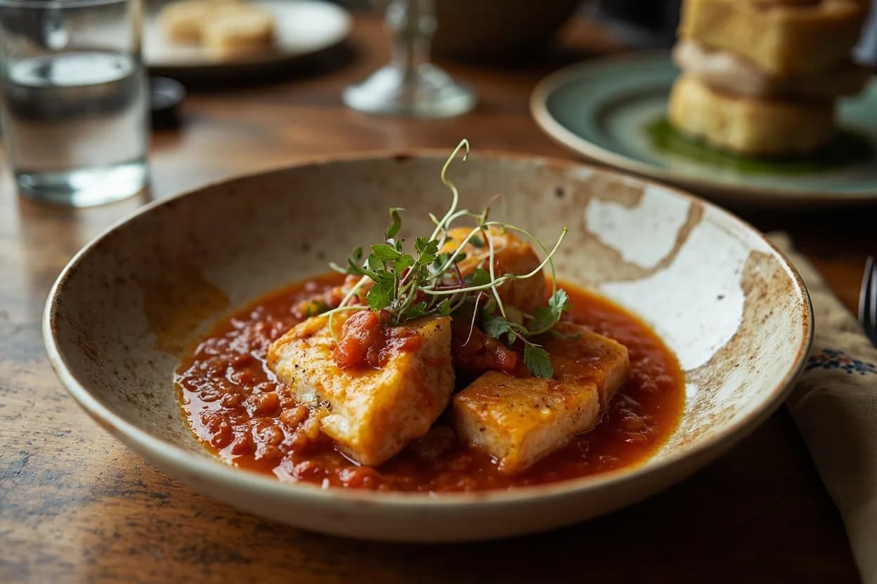 Pixin en salsa (monkfish in cider-tomato sauce) — a signature plate from Asturian cuisine, prepared in the regional style.