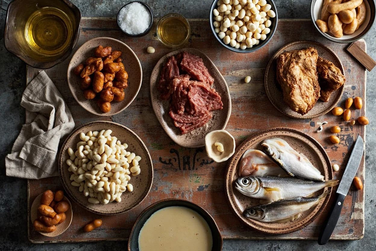Mise en place for Asturian: the staple ingredients and key tools of the tradition laid out on the cook's board.