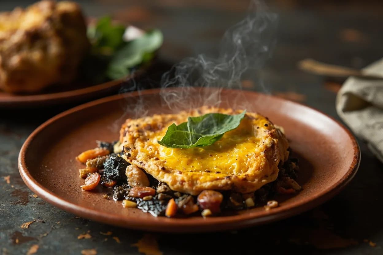 emu egg omelette on coals — a signature plate from Australian Indigenous (Bush Tucker) cuisine, prepared in the regional style.