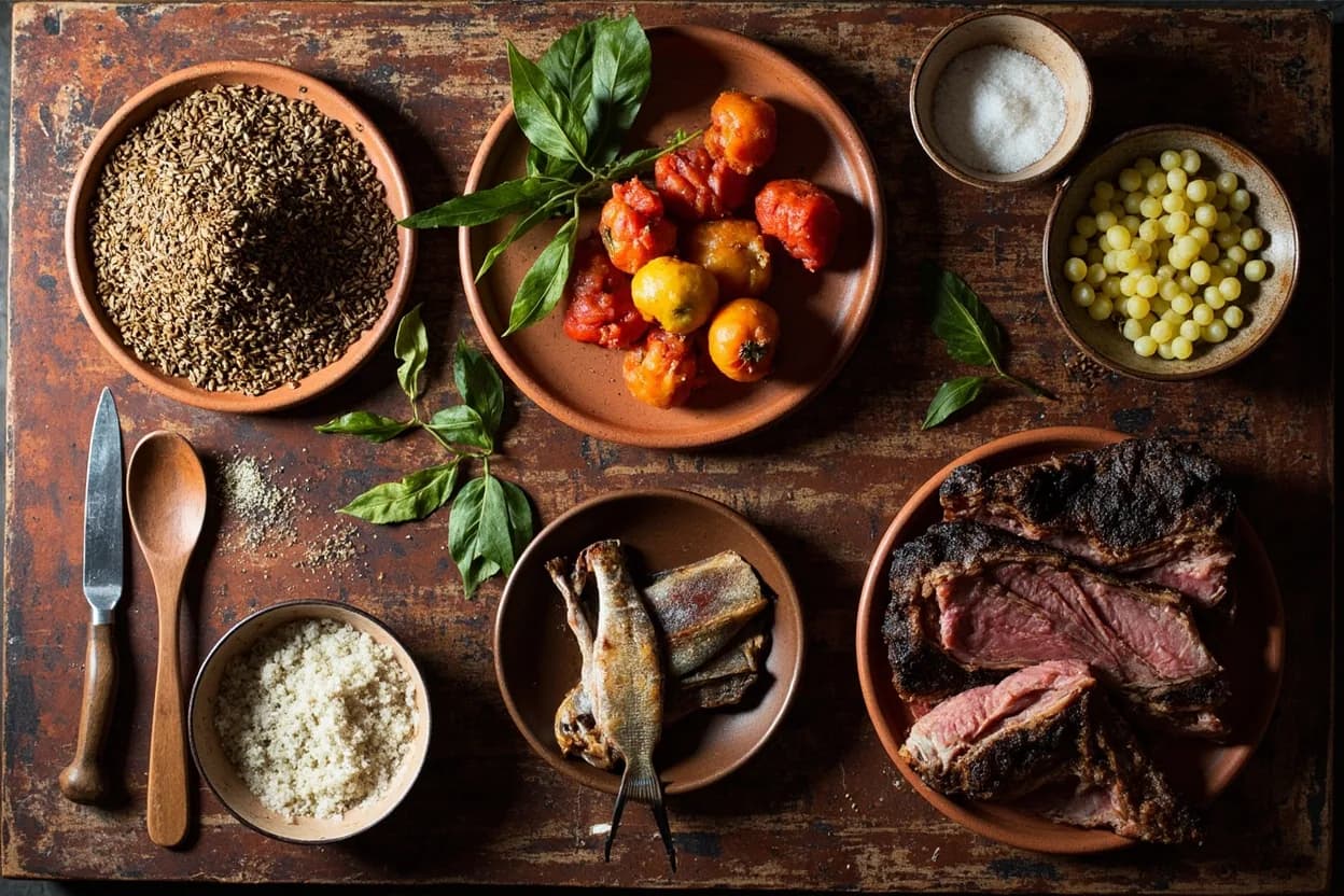 Mise en place for Australian Indigenous (Bush Tucker): the staple ingredients and key tools of the tradition laid out on the cook's board.