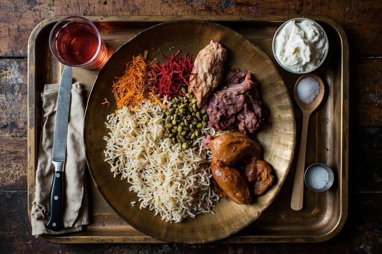 Mise en place for Awadhi (Lucknowi): the staple ingredients and key tools of the tradition laid out on the cook's board.