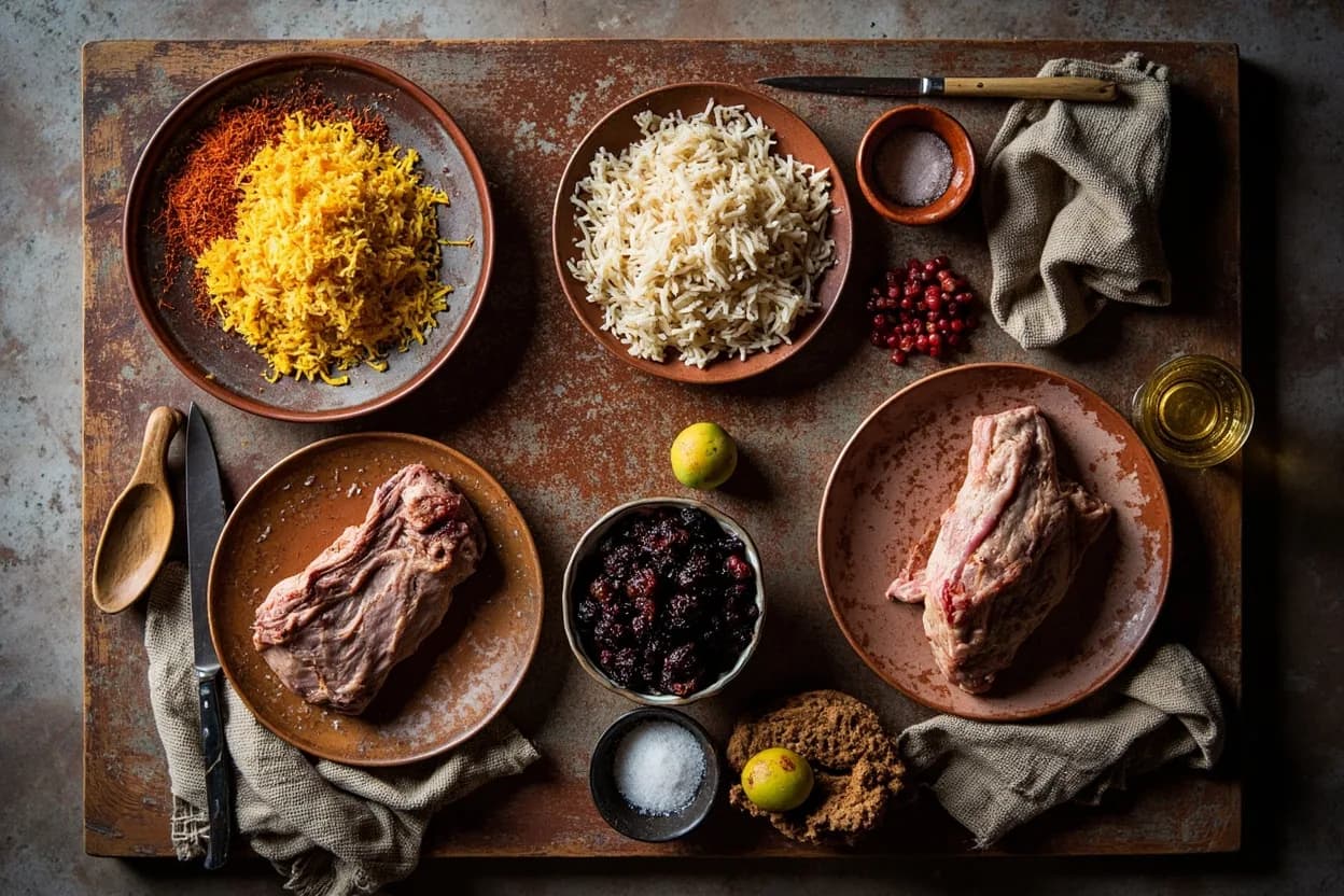Mise en place for Azerbaijani: the staple ingredients and key tools of the tradition laid out on the cook's board.