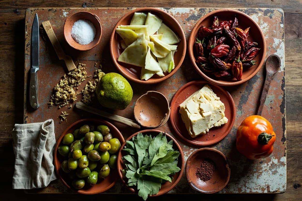 Mise en place for Bajío (Guanajuato / Querétaro): the staple ingredients and key tools of the tradition laid out on the cook's board.
