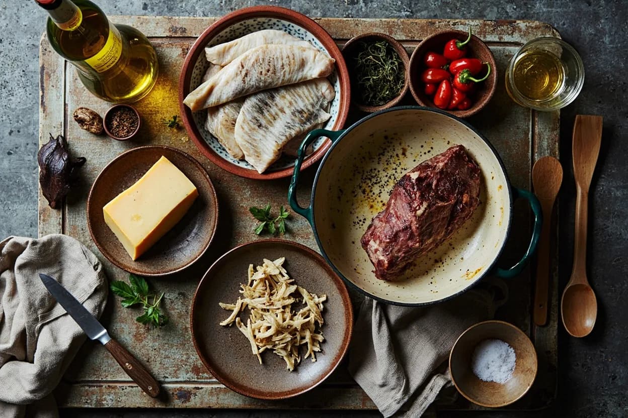 Mise en place for Basque (Spain): the staple ingredients and key tools of the tradition laid out on the cook's board.