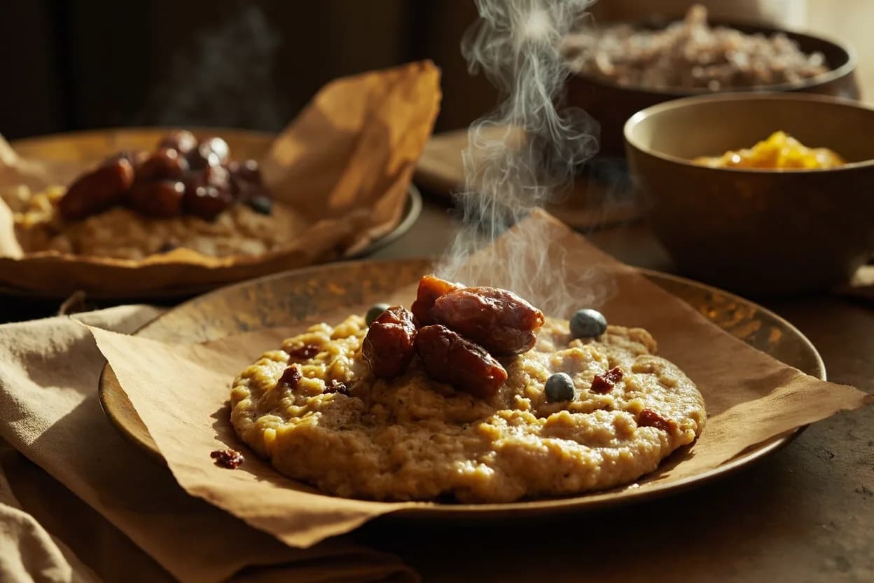 Aseeda (thick dough porridge of wheat or sorghum with clarified butter and dates — desert survival food elevated to comfort) — a signature plate from Bedouin cuisine, prepared in the regional style.
